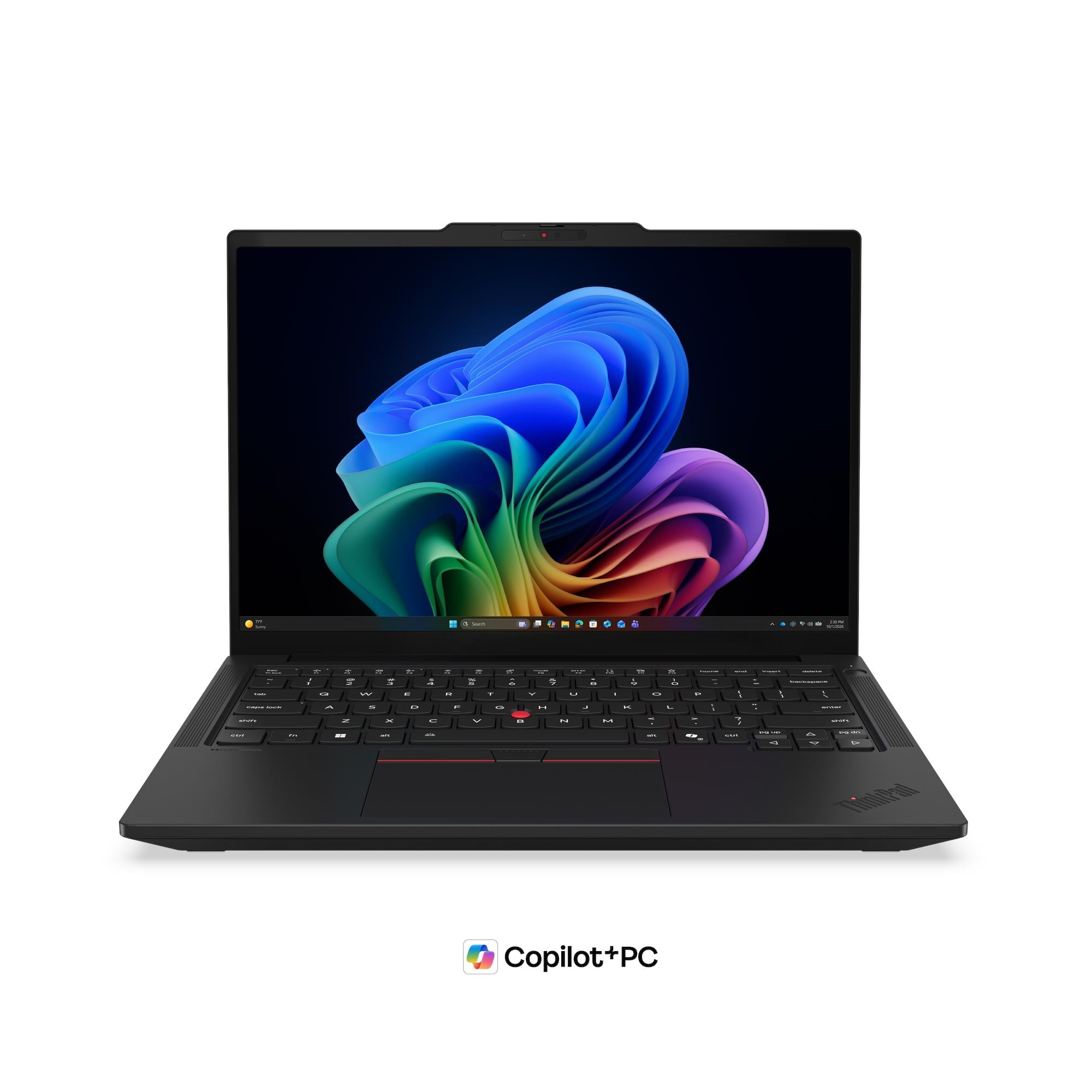 Laptop nero con sfondo colorato, tastiera e logo Copilot+PC.