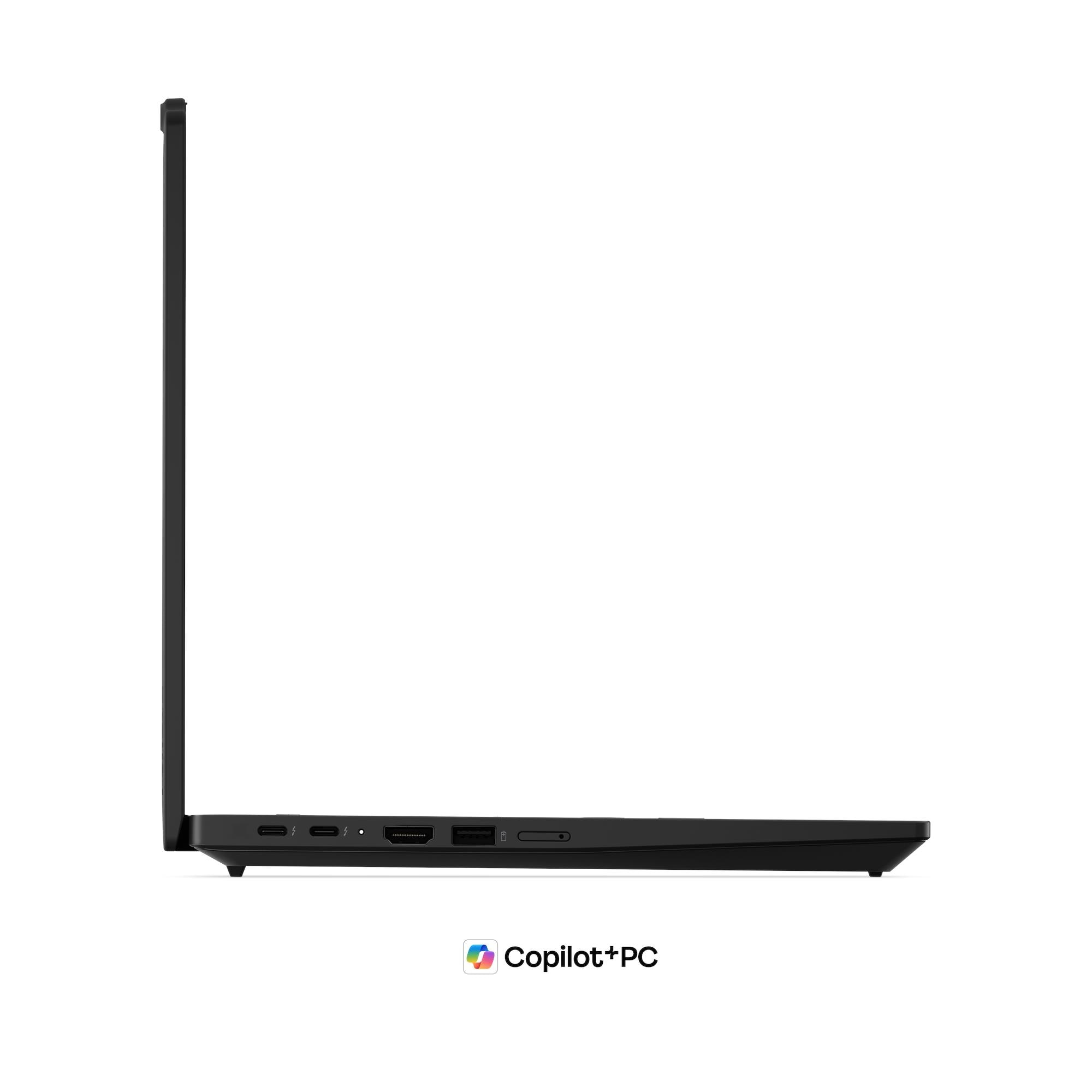 Laptop nero vista laterale con porte: USB-C, HDMI e USB-A.