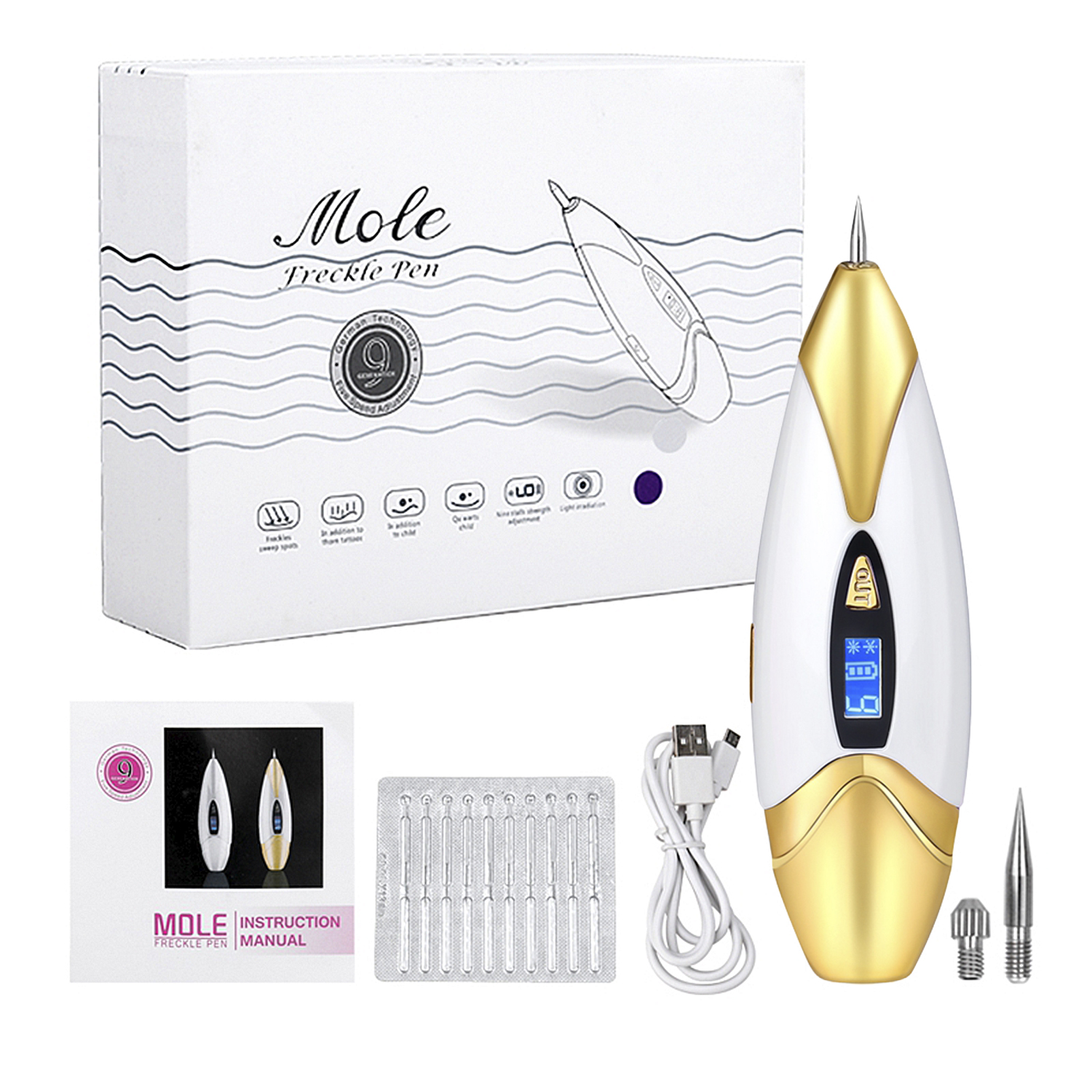Un bolígrafo removedor de lunares blanco y dorado con accesorios, agujas y manual.