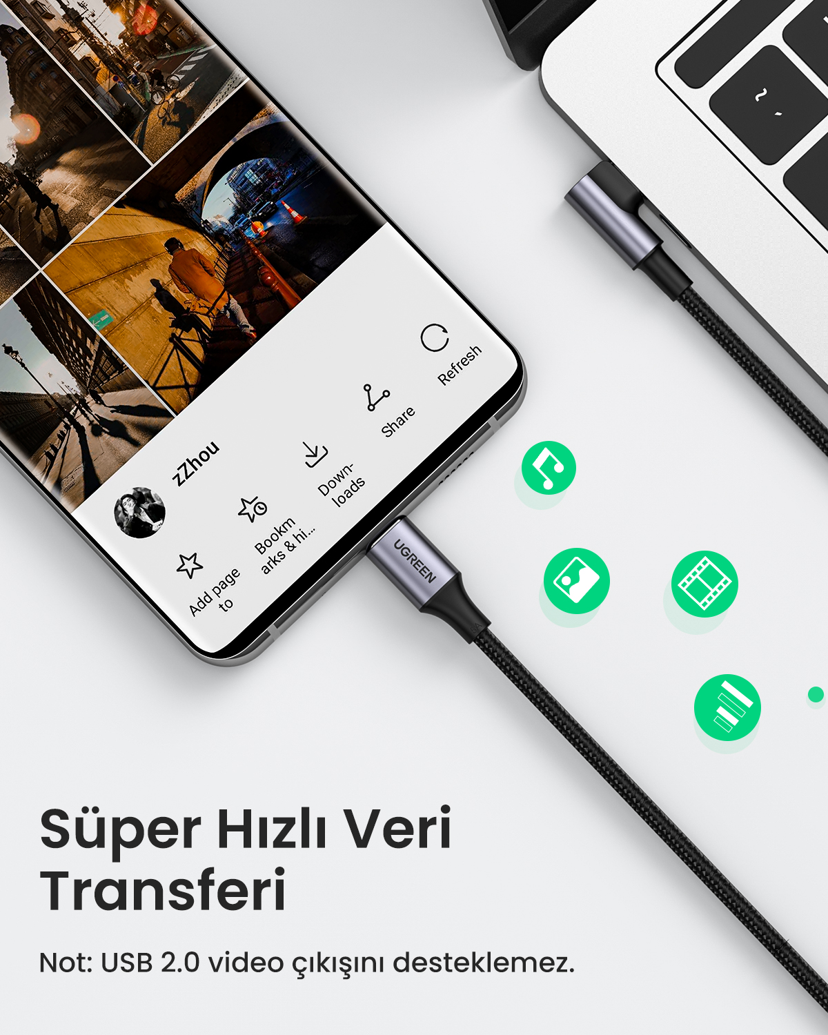 Bir akıllı telefon, UGREEN kablosuyla bir dizüstü bilgisayara bağlıdır. Metin: Süper Hızlı Veri Aktarımı.