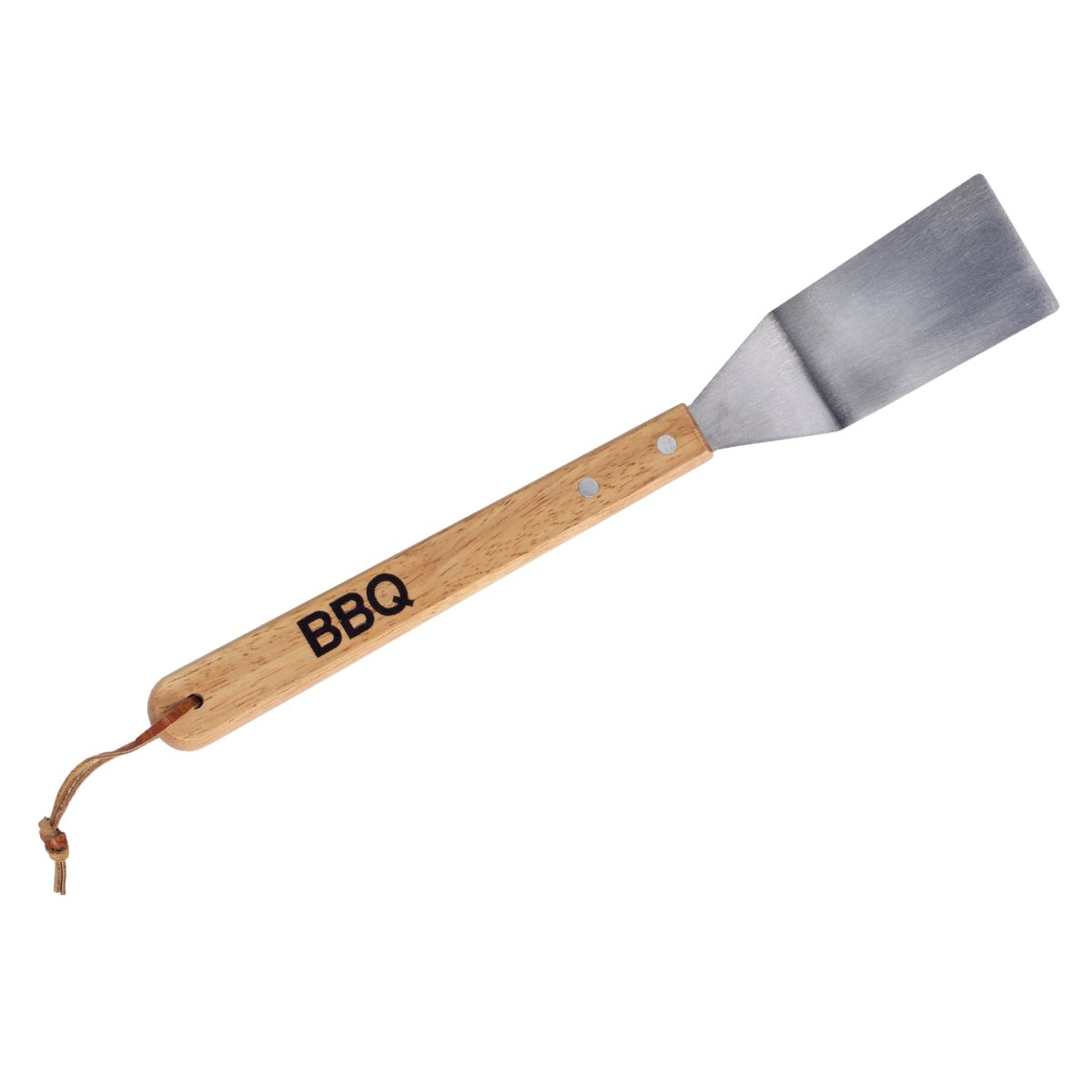BBQ spatula with wooden handle and BBQ text, silver metal blade.