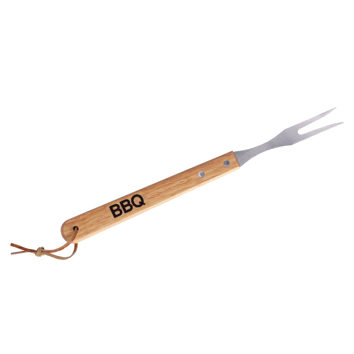 A metal BBQ fork with a wooden handle and a leather strap on a white background.