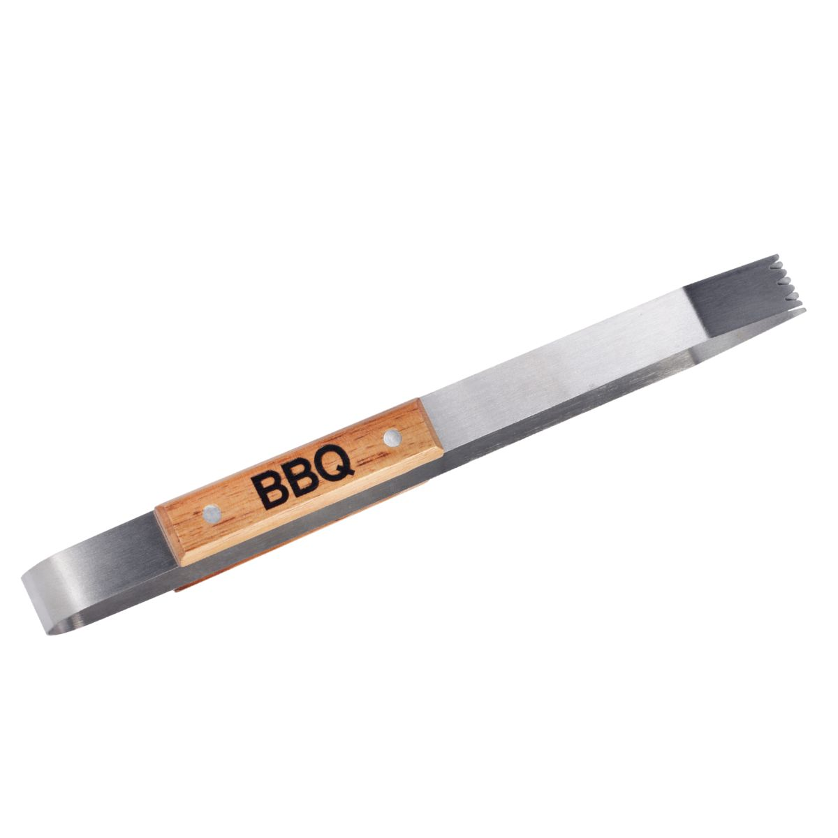 Metal BBQ tongs with a wooden handle featuring the word 'BBQ' engraved.