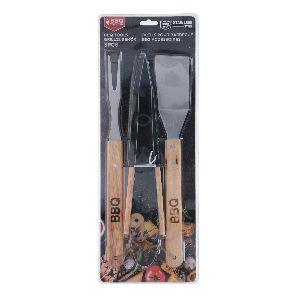 A set of three stainless steel BBQ tools with wooden handles: fork, knife, and spatula.