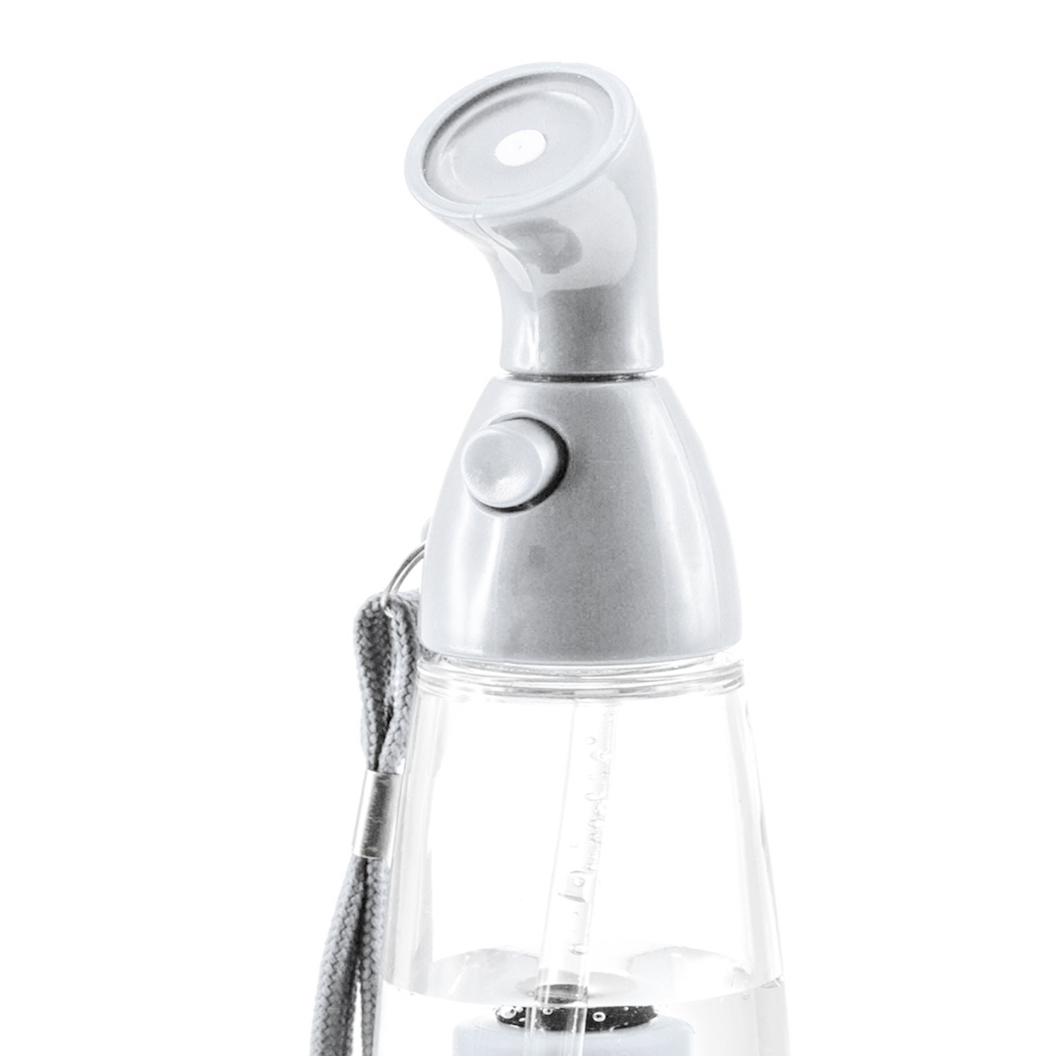 Ugello spray grigio su contenitore trasparente con laccetto.
