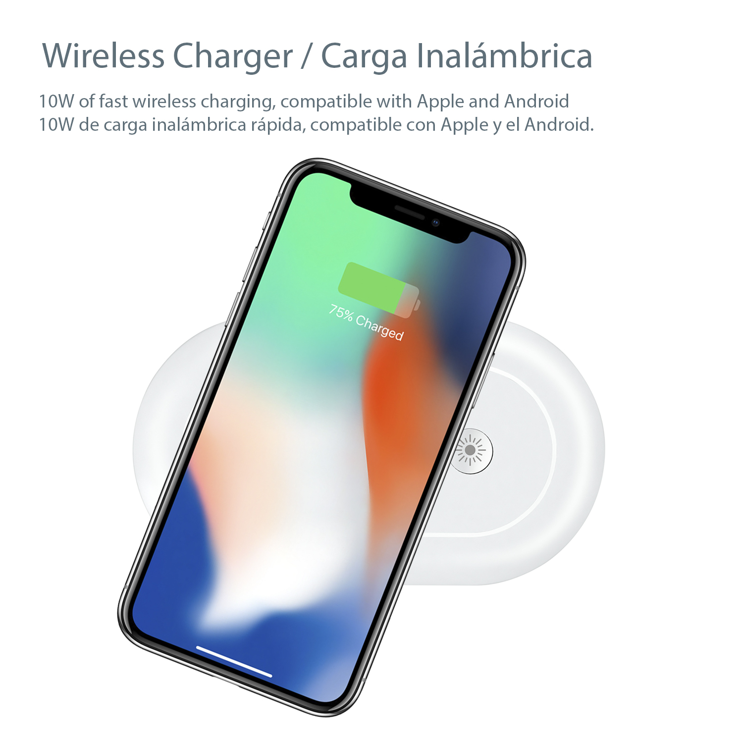 Uno smartphone si ricarica in modalità wireless su un pad di ricarica bianco al 75%.