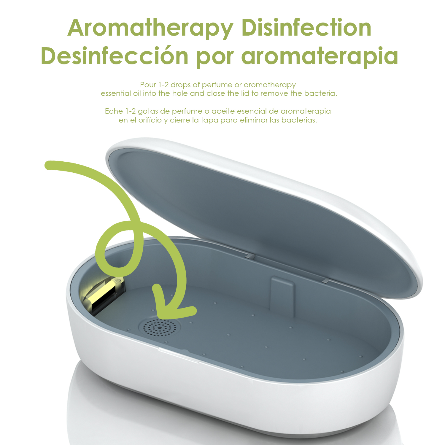 Una scatola bianca e grigia per la disinfezione dell'aromaterapia con freccia verde che punta a un'apertura.