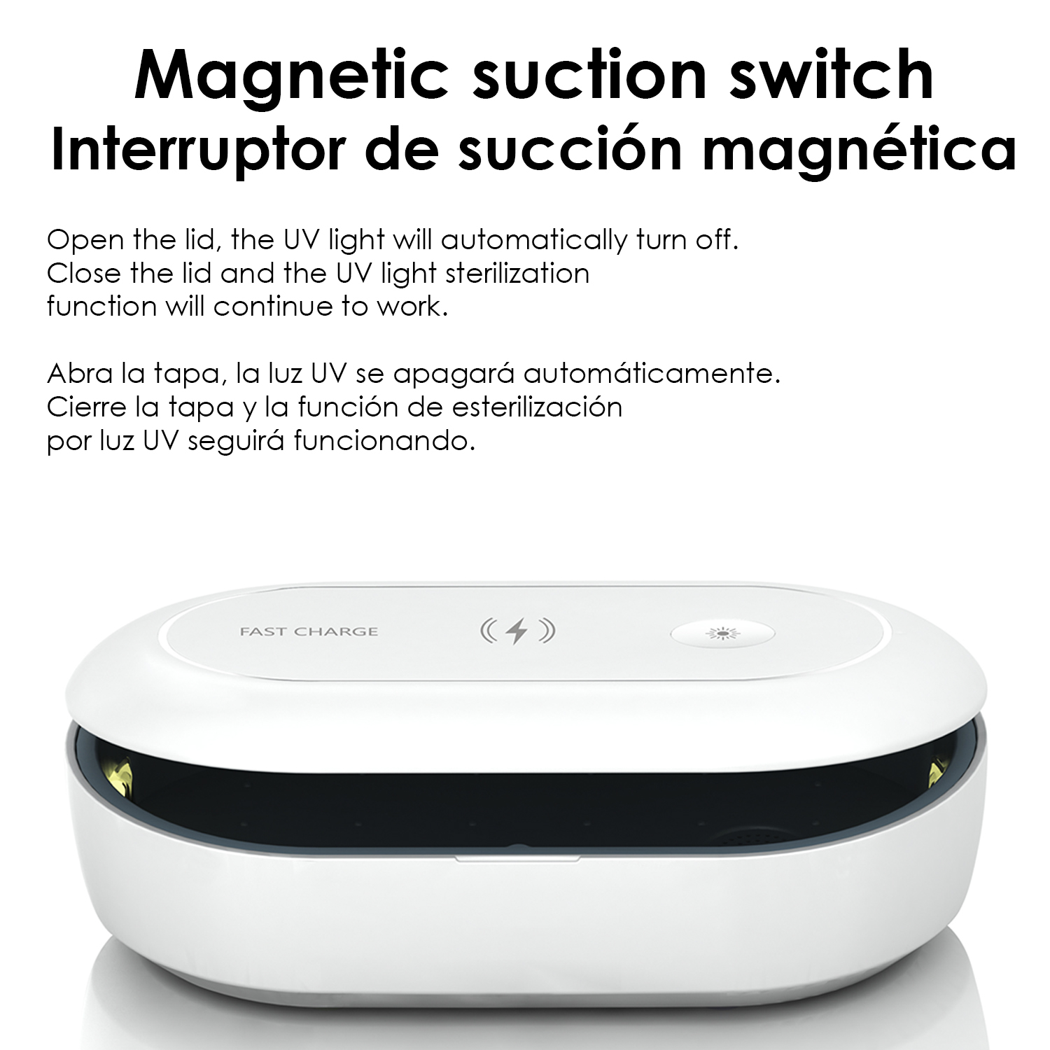 Uno sterilizzatore UV bianco con il coperchio aperto, che mostra 'Ricarica Rapida'.