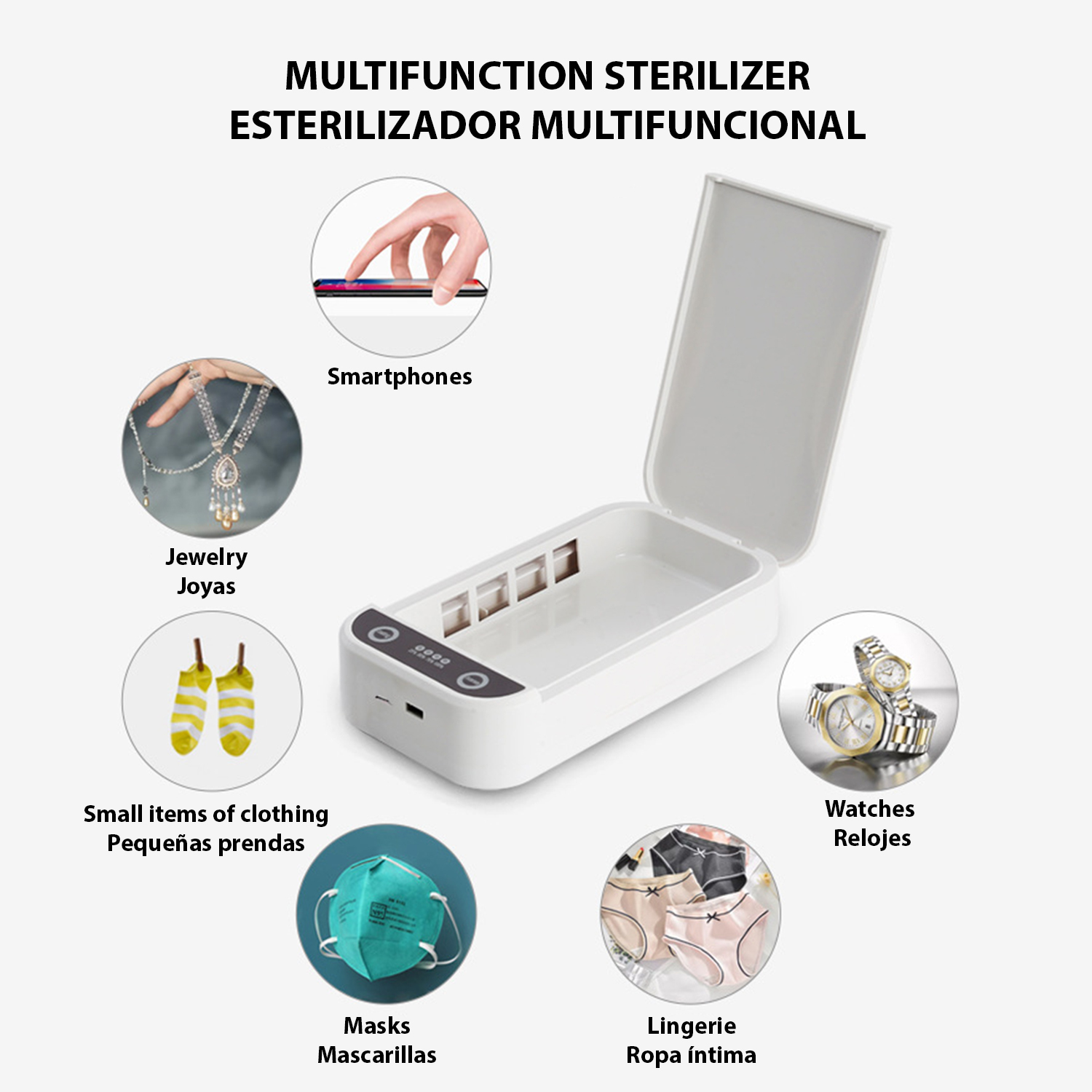 Un sterilizzatore multifunzione bianco con coperchio aperto, che mostra icone per smartphone, gioielli, orologi, maschere, lingerie e abbigliamento.