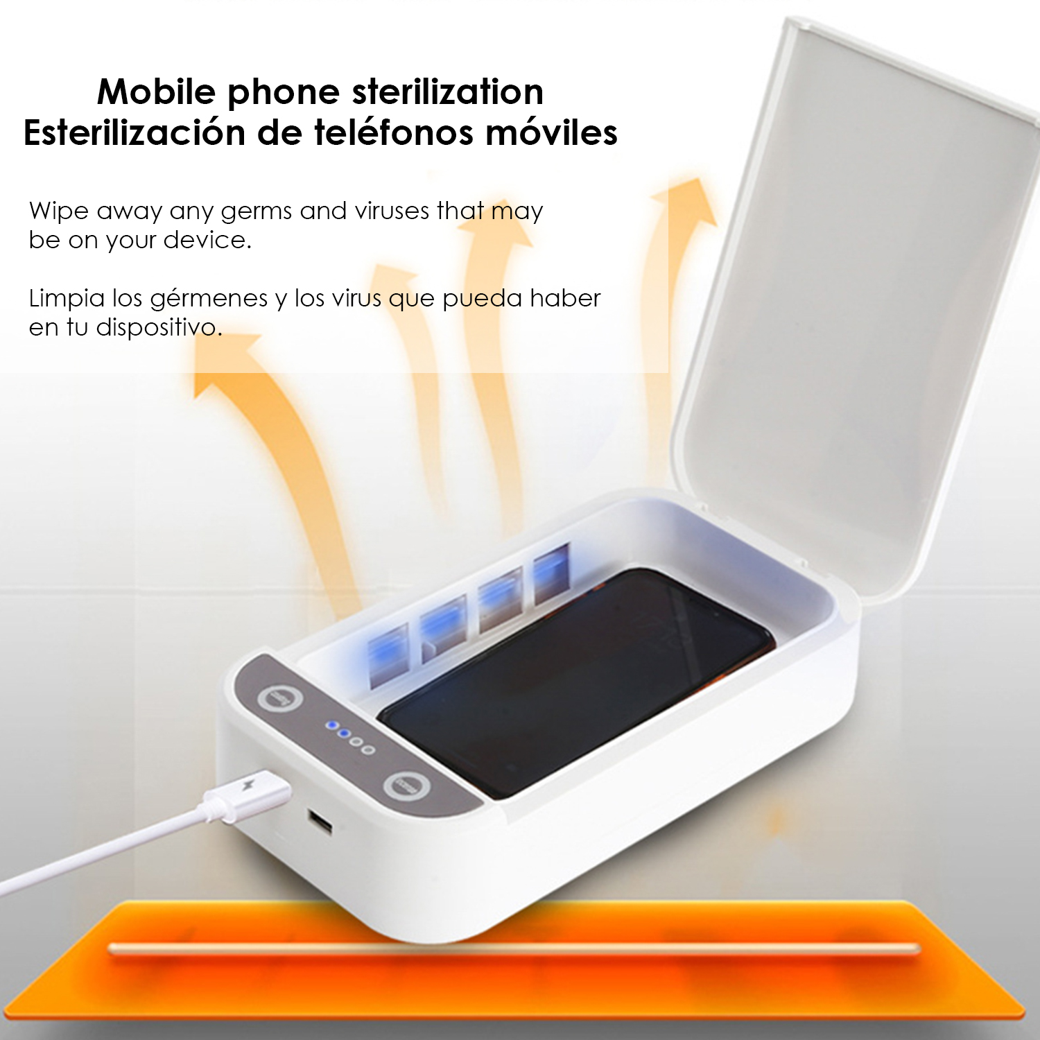 Un telefono cellulare in una scatola sterilizzatrice bianca con luce blu e cavo USB collegato.