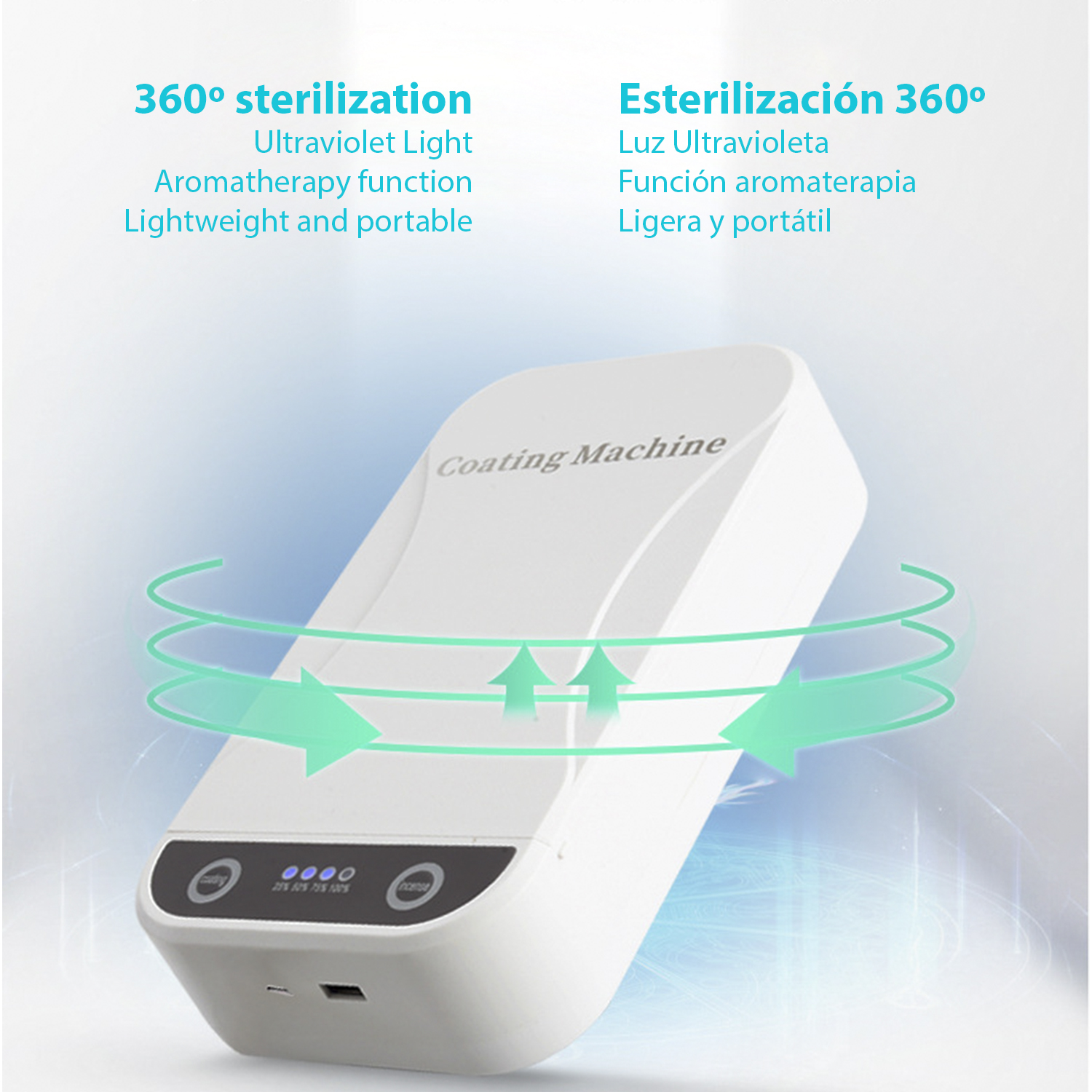 Macchina sterilizzatrice bianca con frecce verdi che indicano sterilizzazione a 360°.