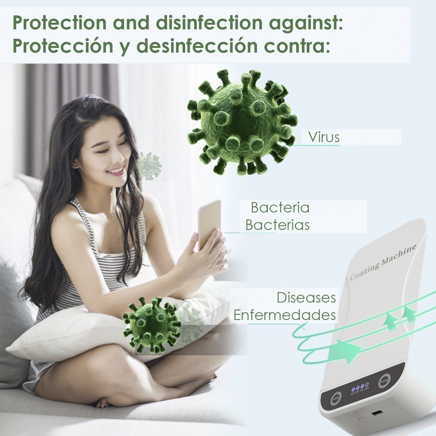 Giovane donna con telefono vicino a grafici di virus/batteri e macchina sanificante.