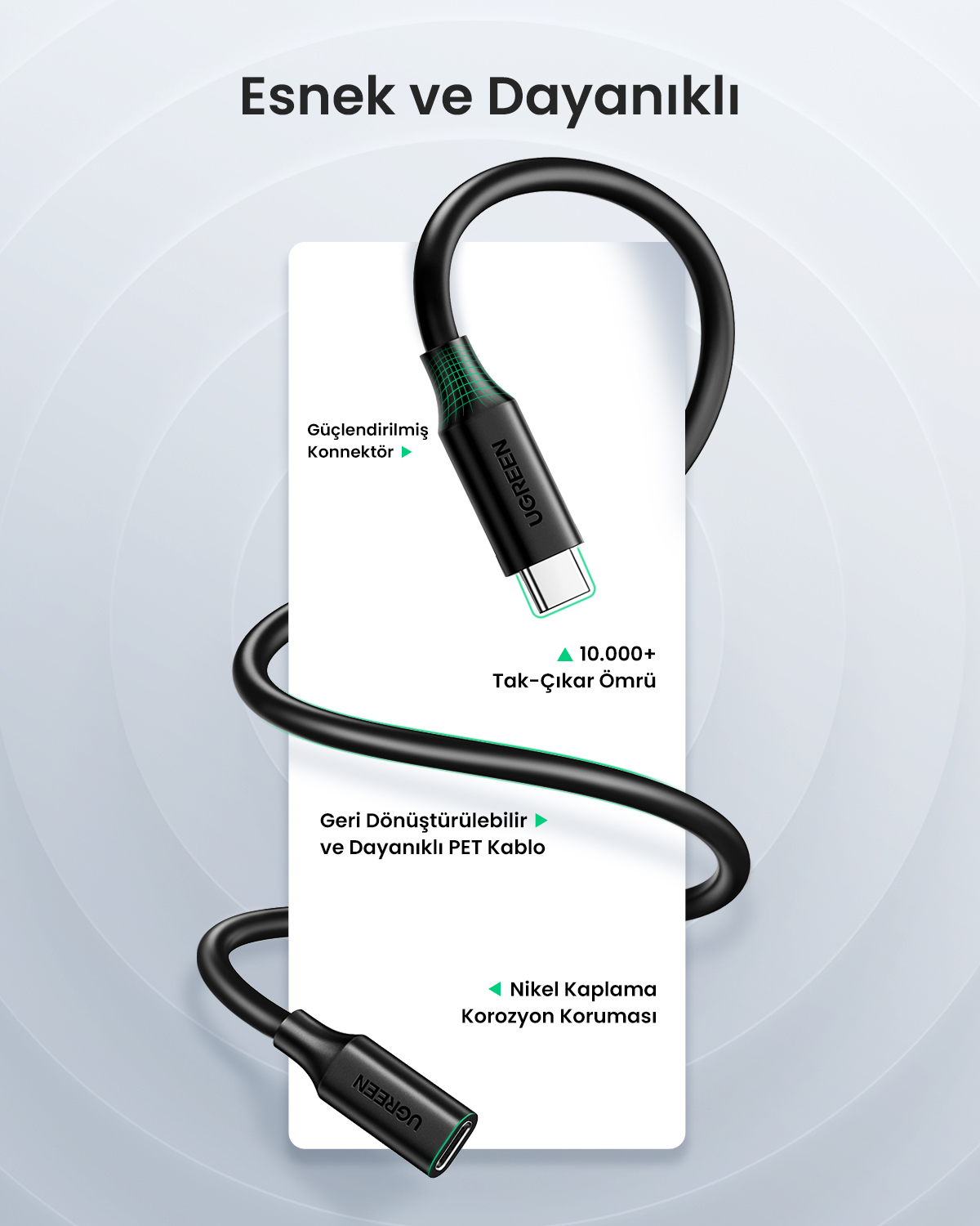Czarny kabel USB-C ze wzmocnionym złączem i obudową PET.