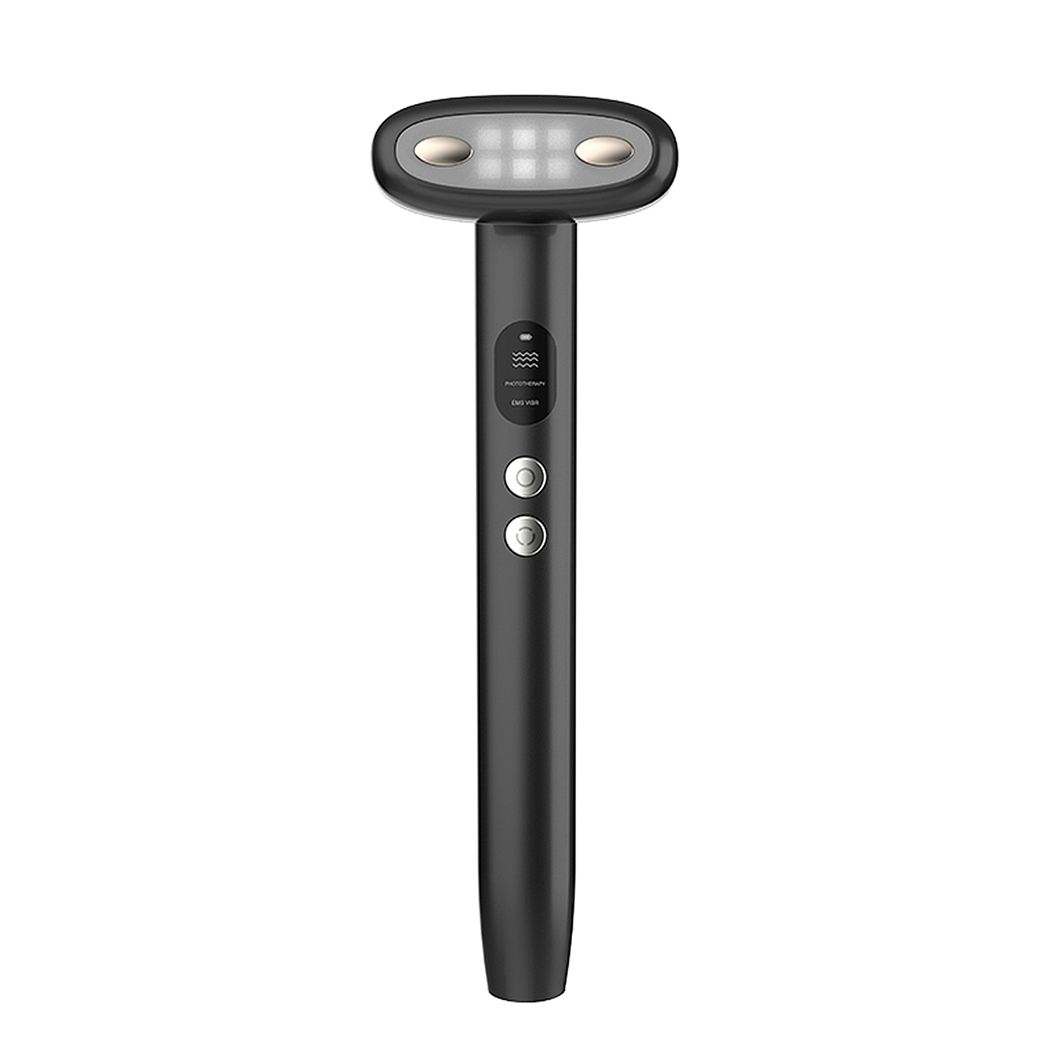 Dispositivo nero per tonificare il viso con testa ovale, luci LED e pulsanti argentati.