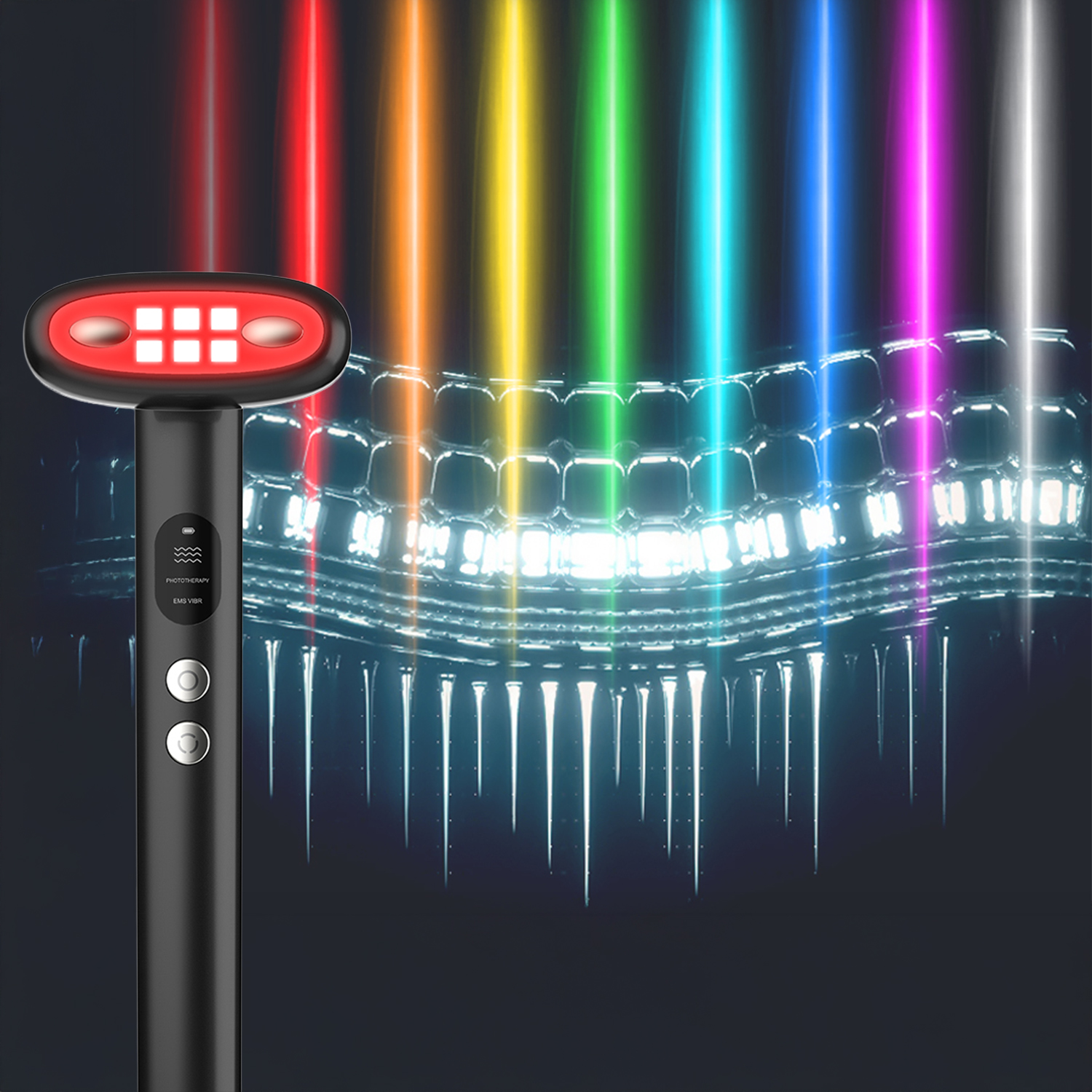 Dispositivo nero con luci rosse e raggi colorati su sfondo scuro.