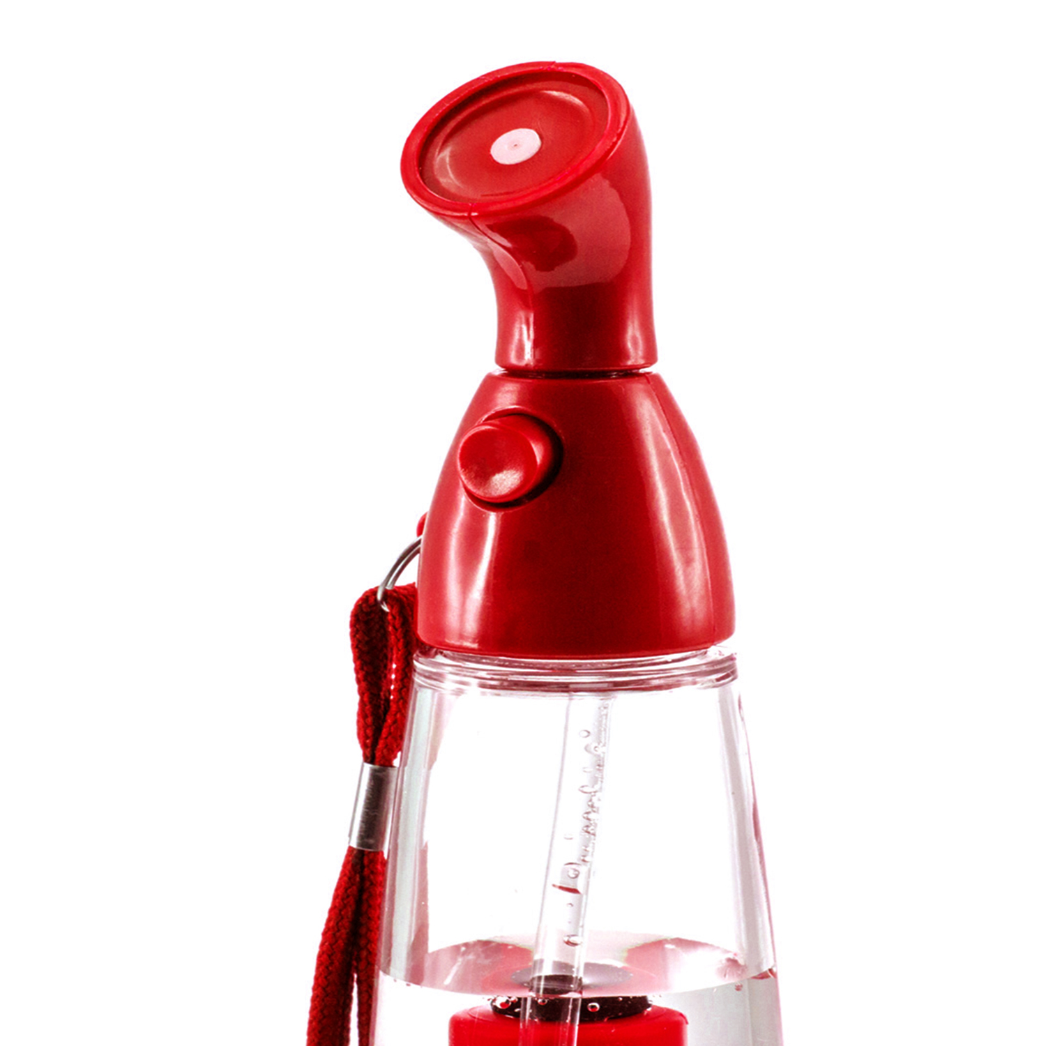 Flacone spray rosso con contenitore trasparente e cordino.