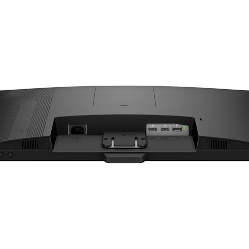 Tył czarnego monitora z portami: zasilania, HDMI, DisplayPort i gniazdem audio.