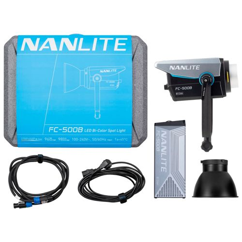 Nanlite FC-500B LED Bi-Color Spot Light mit Zubehör und Verpackung.