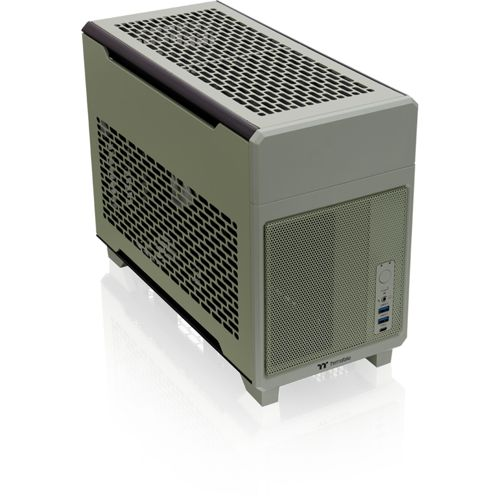 Un case per computer grigio chiaro con griglie di ventilazione sui lati e sulla parte superiore.