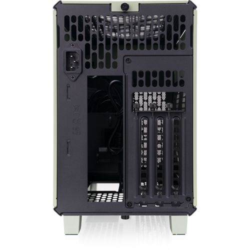 Retro di un case per computer beige chiaro con prese d'aria e porte.