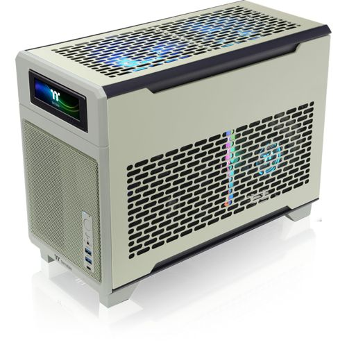 Un case per computer beige con ventole e un piccolo schermo frontale.