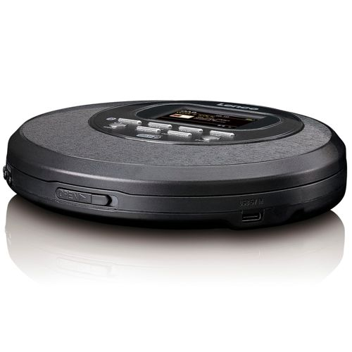 Lecteur CD portable noir avec écran et boutons argentés.