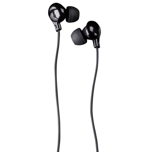 Écouteurs intra-auriculaires noirs avec câble sur fond blanc.