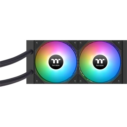 Twee RGB-ventilatoren met zwarte frames, verbonden door buizen.