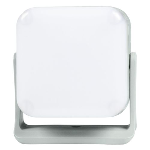 Un appareil d'éclairage carré blanc avec un support gris.