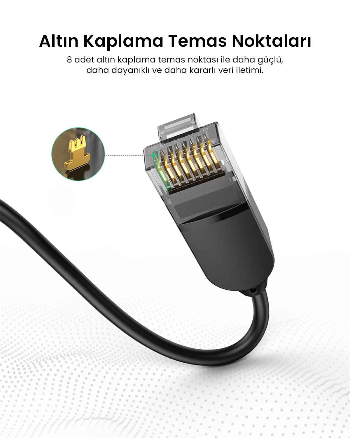 8 altın kaplama temas noktasına sahip Ethernet konnektörü. Temas noktalarının büyütülmüş hali görünür.