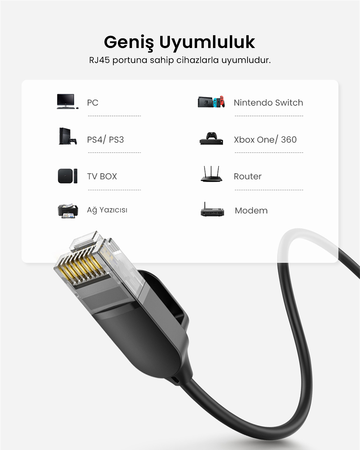 Geniş uyumluluk: RJ45 portuna sahip cihazlarla uyumludur.