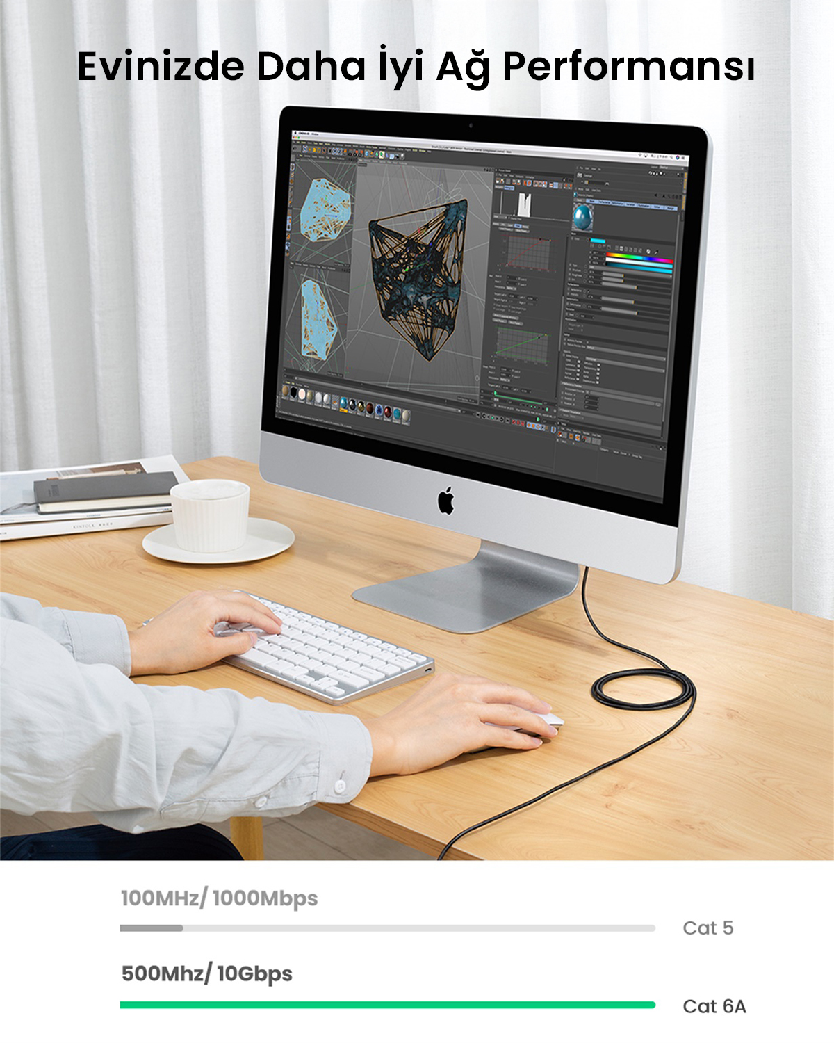 3B işleme yazılımı gösteren bir iMac ahşap bir masanın üzerinde duruyor.