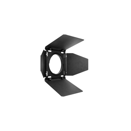 Ein schwarzer, rechteckiger Lichtformer mit verstellbaren Klappen, der auf einem weißen Hintergrund isoliert ist.