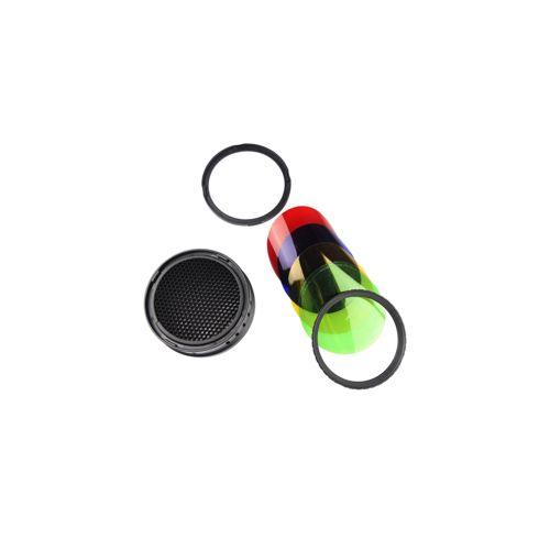 Eine schwarze strukturierte Scheibe und Farbfilter mit schwarzen Ringen auf weißem Grund.