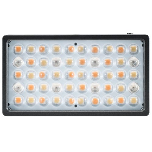 Ein rechteckiges LED-Panel mit vielen kleinen Lichtern in Orange und Weiß.
