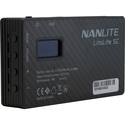Schwarzes Nanlite LitoLite 5C mit Bildschirm, USB und technischen Daten.