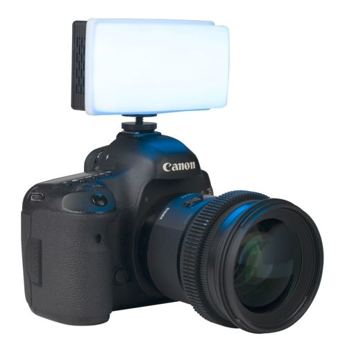 Eine schwarze Canon Kamera mit einem LED-Licht-Aufsatz und einem großen Objektiv.