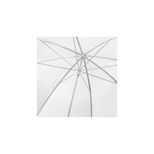 Innenansicht eines weißen Regenschirms mit silbernen Metallstreben.