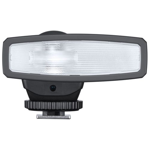 Ein tragbarer Kamerablitz mit einem breiten, weißen Lichtdiffusor und schwarzem Gehäuse.