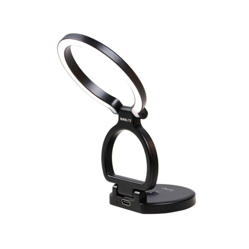 Une lumière annulaire Nanlite noire avec bras flexible et base circulaire.