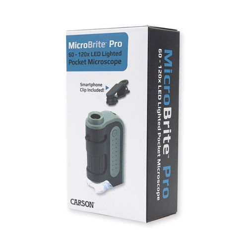 Confezione scatola per microscopio Carson MicroBrite Pro con clip per smartphone.