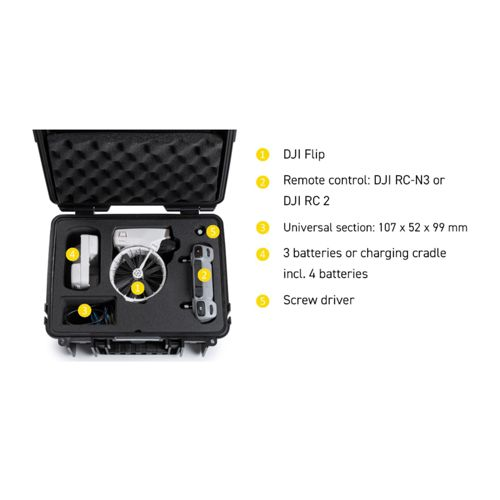 DJI Flip mit Zubehör im Koffer: Fernbedienung, 3 Akkus, Ladeschale, Schraubendreher.