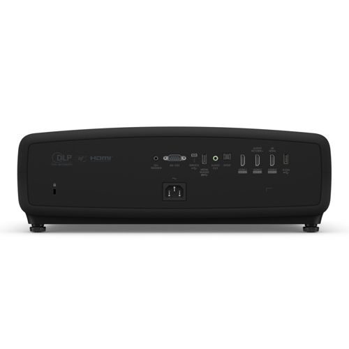 Schwarzer Projektor mit Anschlüssen wie HDMI, VGA und USB auf der Rückseite.