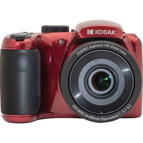 Cámara digital Kodak roja con empuñadura negra y lente grande.