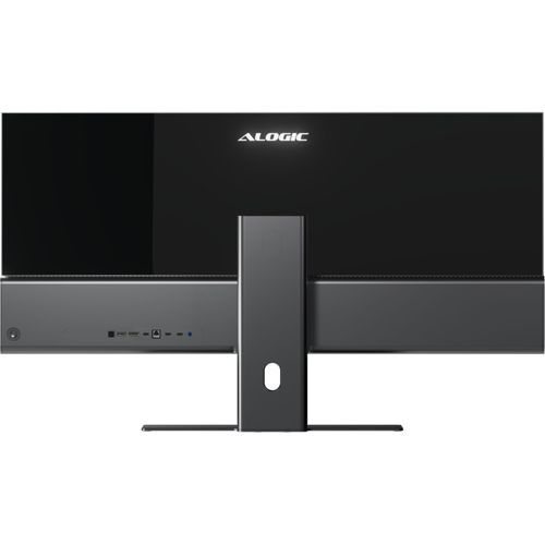 Vista posteriore di un monitor Alogic nero con porte sulla base e un supporto elegante.