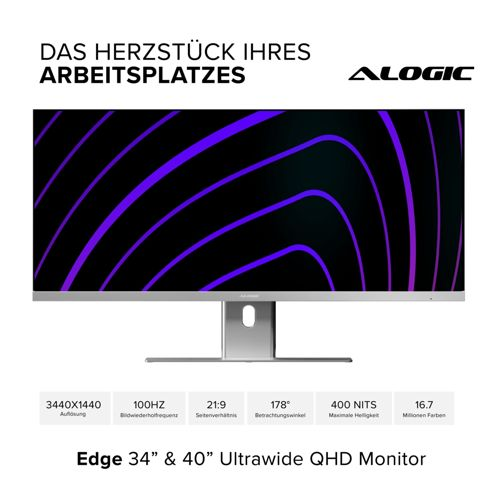 Un monitor Alogic Ultrawide QHD argentato con strisce viola su sfondo nero.