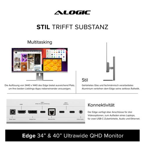 Monitor ALOGIC: Multitasking, Stile e Connettività. Con porte per laptop e accessori.