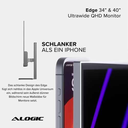 Un monitor sottile rispetto a un iPhone, con logo ALOGIC.