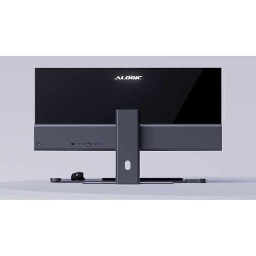 Retro di un computer all-in-one grigio con logo ALOGIC. Porte visibili.