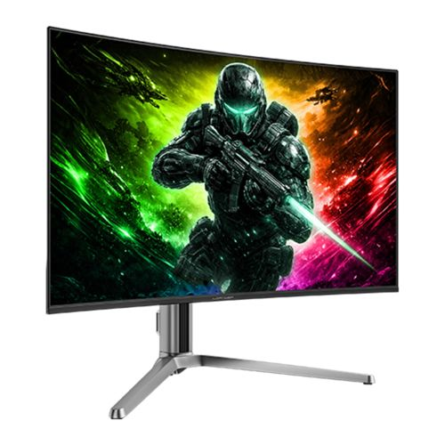Un monitor curvo da gioco mostra un guerriero in una scena di combattimento.